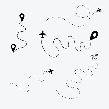 Travel Route Line with Airplane and Location Pin Icons Vector Illustration