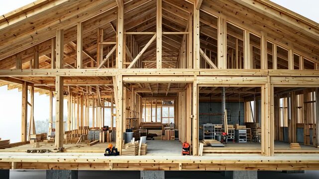 Wooden House Frame Construction with Exposed Interior Structure