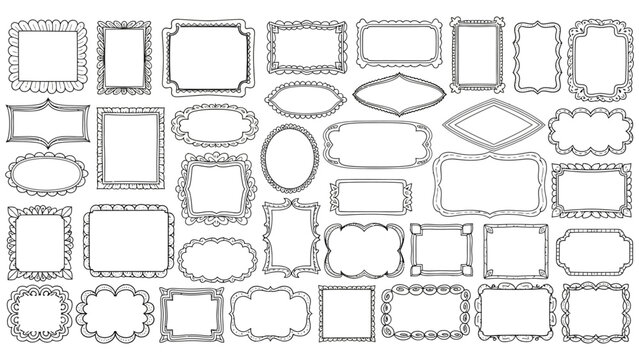 hand drawn doodle frames and decorative borders collection featuring ornate simple and scalloped designs perfect for creative projects scrapbooking and invitation cards isolated on white.