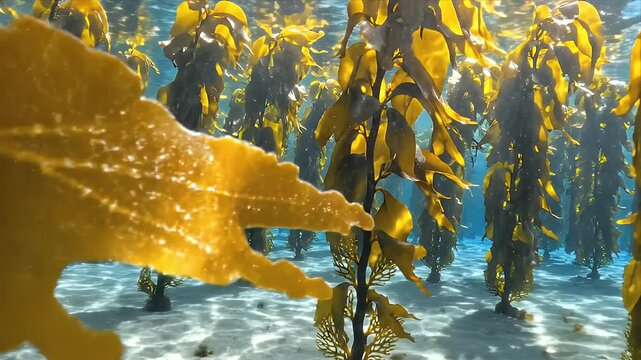 Underwater Kelp Forest Swaying Gently in Sunlit Ocean Currents Creating a Serene Natural Ecosystem Display