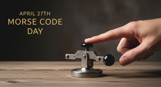 Hand using Morse code telegraph on wooden desk for communication