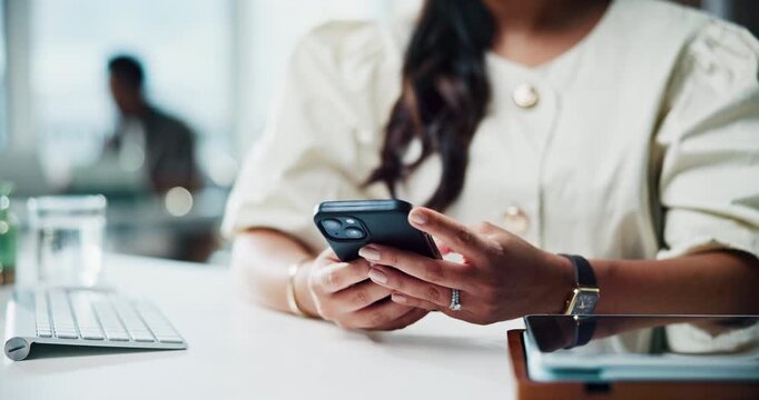 Hands, typing or person with phone in office, writing email or update calendar schedule for deadline. Tech, internet search or woman texting for work chat response, message app or digital to do list