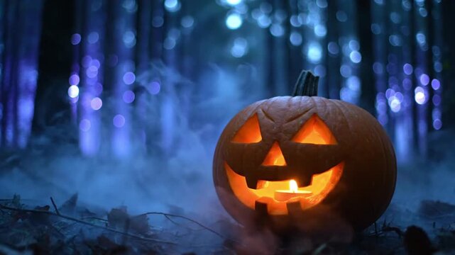 ultra detailed cinematic scene wide lens view of glowing jack o lantern with dancing candle flame inside dense rolling fog in shadowy forest night environment rich blue shadows contrasting vibrant ora