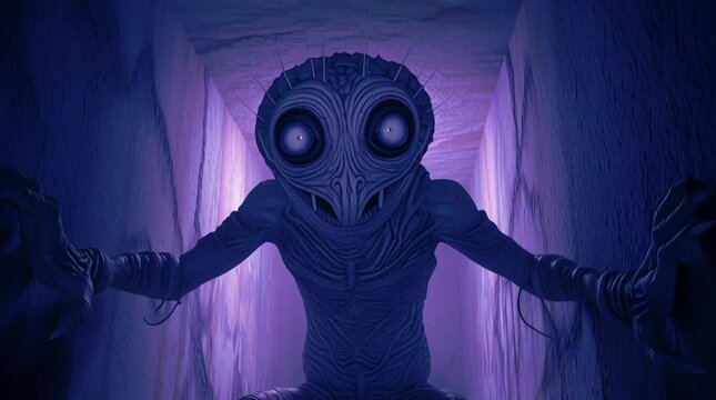 A creature from another dimension with a face broken like cracked glass, appears in a dark basement corridor, mossy walls and drops of blood, dark purple backlighting gives a surreal effect