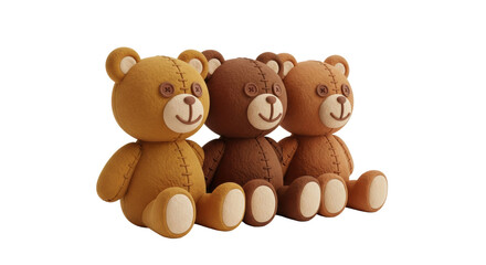 Three photorealistic clay teddy bears with malleable, plasticine texture and stitched features, sitting on a white background with copy space, concept of pure childhood innocence