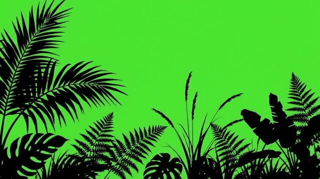 Lush tropical plant silhouettes frame a vibrant green screen background