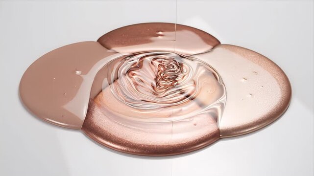 Viscous liquid foundation shades blending and swirling in organic petal shapes on a clean white surface, slow motion