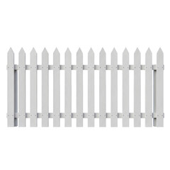 White picket fence with pointed tops and horizontal rails isolated on a transparent background