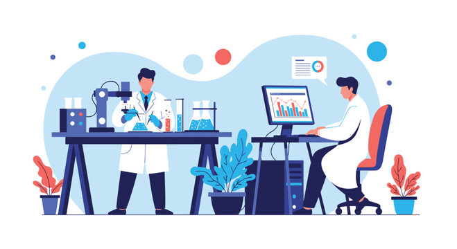 Two male scientists working in a modern laboratory, one conducting an experiment while the other analyzes data on a computer.