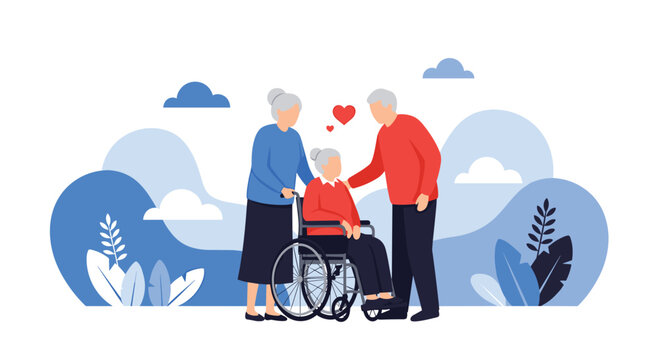 Two senior people caring for an elderly woman in a wheelchair, illustrating love, support, and community in retirement.