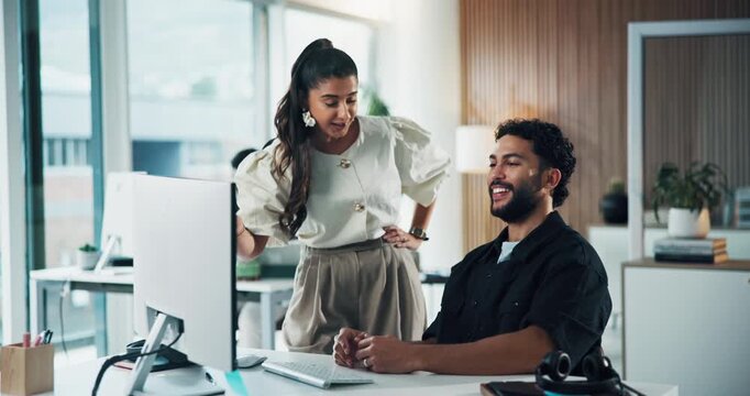 Computer, high five and business people in office with feedback, advice or review on creative project. Celebration, technology and magazine editor with manager for article publishing at agency.