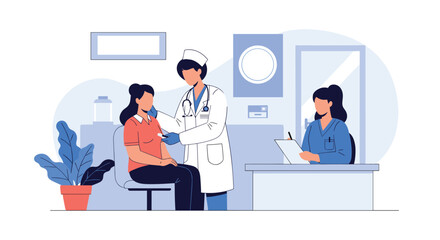 A female doctor gives a vaccination shot to a patient's arm in a clinic, while a nurse takes notes at the reception desk.