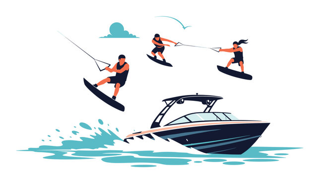 Three people enjoy the extreme water sport of wakeboarding, performing jumps and turns behind a powerful motorboat on the water.