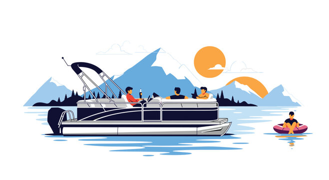 Four friends relax on a pontoon boat on a calm lake, with one tubing behind, enjoying a sunny day with mountains in view.