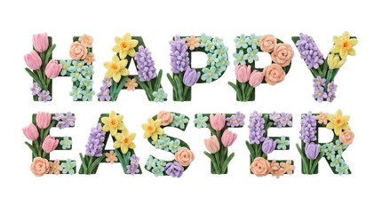 Obraz premium Colorful floral typography happy easter greeting with vibrant flowers and lush greenery on white background perfect for spring celebrations