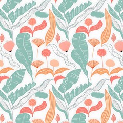 Muted Tropical Plant and Flower Pattern on White plants