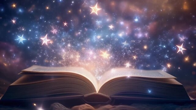 Magical Open Book with Glowing Lights Knowledge Imagination and Learning Concept