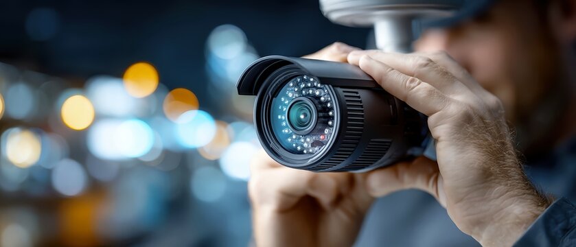 Close up of hands setting up home security camera