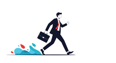 Businessman carrying a briefcase runs forward at high speed as a trail of blue and red water splashes energetically behind him.