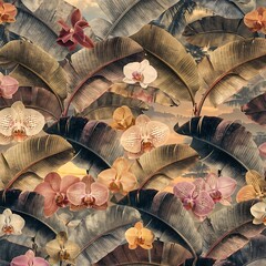 Orchids and Banana Leaves in Tropical Sunset Light