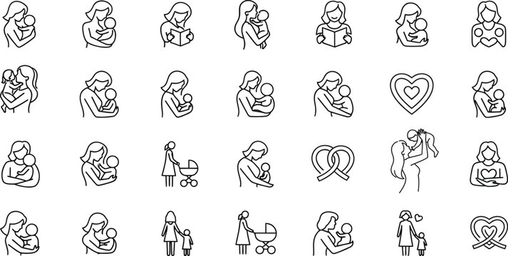 Black and white line of mothers and children baby stroller heart