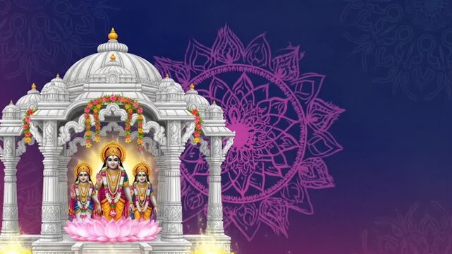 ram darbar, patung Ram Darbar dari marmer putih ditempatkan di dalam kuil, latar belakang gradien biru tua ke ungu,