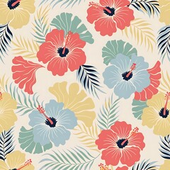 Pastel Hibiscus Flower and Palm Leaf Pattern flowers