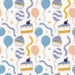 Seamless Pattern of Birthday Cakes Balloons and Party Streamers
