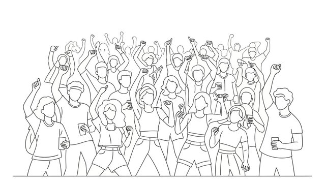 line art drawing of an energetic diverse crowd raising fists and arms symbolizing unity protest and community celebration.
