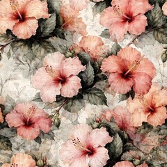 Soft Pink Hibiscus Floral Pattern Keywords: hibiscus, floral, pattern, pink, peach, red, flowers