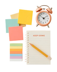 Motivational Workspace Setup with Notepad and Alarm Clock for Productivity and Time Management Inspiration