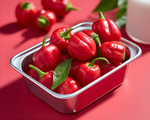 Vibrant Red Chili Peppers in Metal Container on Red Background with Fresh Leaf Highlighting Gourmet Culinary Presentation