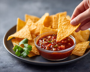Crispy Tortilla Chips Dipping into Rustic Homemade Salsa with Fresh Cilantro Garnish on Dark Stone Background