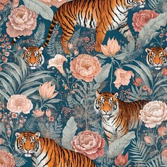 Tigers and Peonies Seamless Pattern on Dark Teal Background