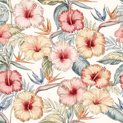 Tropical Hibiscus and Bird of Paradise Flower Pattern Keywords: hibiscus, tropical, flower