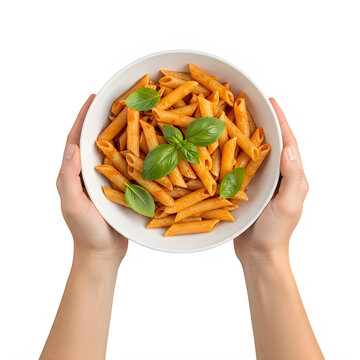 A bowl of pasta with basil leaves on top isolated on transparent background