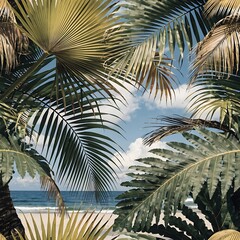 Tropical Palm Leaves Overlooking Beach and Ocean foliage