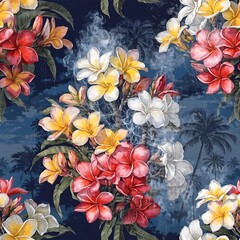 Tropical Plumeria Flowers with Misty Background and Palm Trees