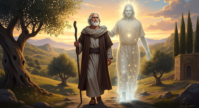 Ancient Enoch Biblical Portrait of an Elderly Mediterranean Man Walking with Divine Presence, Grandfather of Noah Embarking on a Sacred Spiritual Journey through Time and Faith