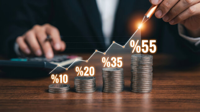 Investment interest rate finance profit growth coin chart calculator, business hand with pen near stacked coin on desk, rising line graph and percentage for return, savings plan, market analysis