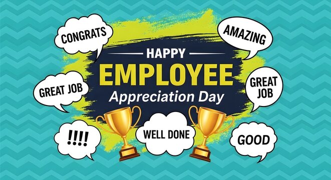Happy employee appreciation day celebration with congratulatory speech bubbles and trophies on a blue background