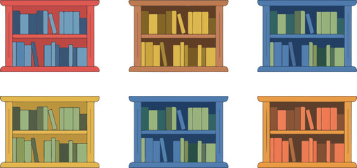A flat, minimalist illustration of six colorful bookshelves arranged in a 2x3 grid against a white background. © MDSHAHINUR