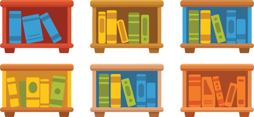A flat, minimalist illustration of six colorful bookshelves arranged in a 2x3 grid against a white background. © MDSHAHINUR