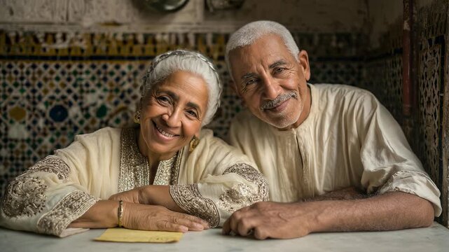 Senior Moroccan couple in traditional clothing. Smiling elderly woman wears embroidered kaftan. Husband sits beside wife proudly. Mosaic zellige tiles behind them. Happy Arab pair at home.
