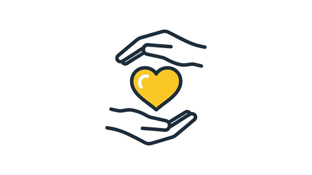 minimalist line art icon of two hands carefully holding a bright yellow heart symbolizing care protection and unconditional love.
