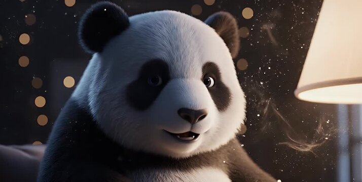 A fluffy animated panda with a gentle expression sitting in a cozy, softly lit indoor setting with bokeh lights.