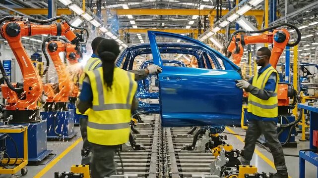 technicians guiding car body on production line with robotic arms welding and trimming, high vis vests and coordinated signals, sparks from spot welding and precise component alignment