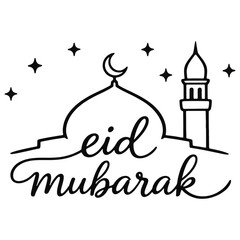Minimalist Eid Mubarak Line Art with Mosque Silhouette, Crescent Moon and Stars, Modern Islamic Vector