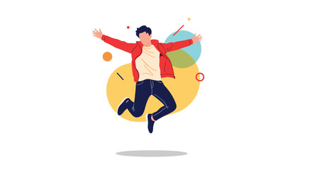 Obraz premium Energetic young man in a red jacket jumping with joy and excitement against a background of colorful abstract shapes, conveying happiness.