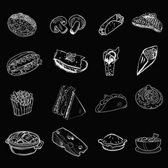 Hand Drawn Fast Food Doodle Set on Black Background &ndash; Chalkboard Style Vector Illustration Collection